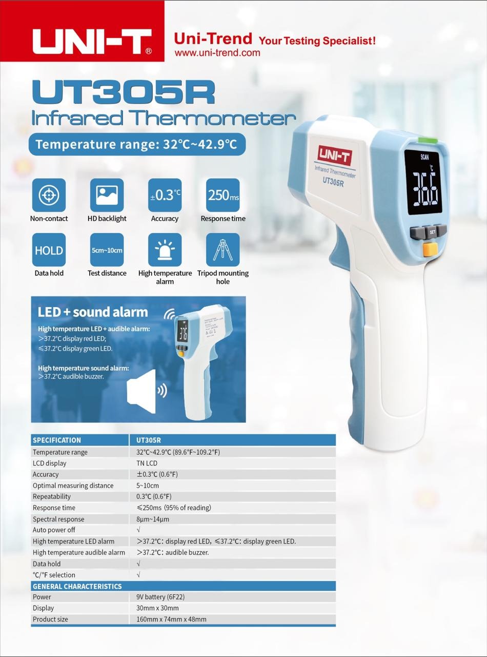 Uni-T Infrared Thermometer Gun, For Human Temperature, Model Name/Number:  UT30R